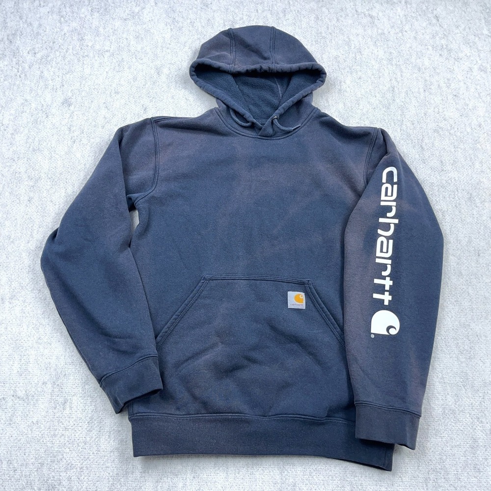 Carhartt Hoodie Men Small‎ Blue Loose Fit Sleeve Spellout Sweatshirt Sun Faded